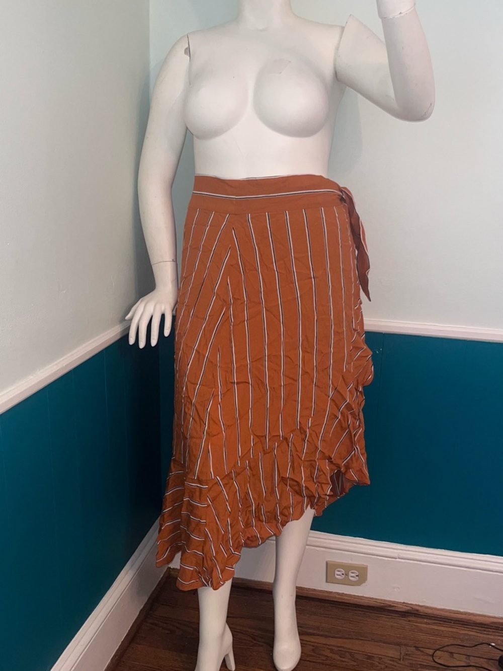 Rust Striped Ruffle Wrap Midi Skirt - Picture 2 of 6